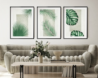 Tropical Leaves Print Set of 3, Green and Beige Wall Art, Abstract Botanical Art, Minimalist Monstera and Palm Leaf Art Prints, Wall Decor
