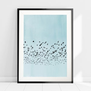 Blue Sky Birds Silhouette Print, Minimalist Nordic Art Print, Nature Poster Print, Blue Watercolour Wall Art, Coastal Art Poster, Home Decor