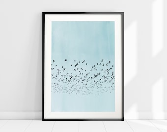Blue Sky Birds Silhouette Print, Minimalist Nordic Art Print, Nature Poster Print, Blue Watercolour Wall Art, Coastal Art Poster, Home Decor