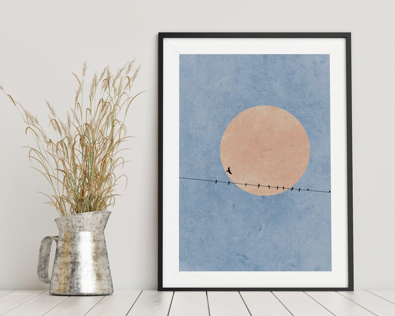Moonlight Silhouette Print, Birds Nature Abstract Art Print, Pink Moon Nordic Minimalist Wall Art, Scandinavian Wall Art, Nordic Home Decor imagen 7