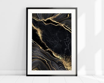 Schwarz und Gold Abstrakter Kunstdruck, Minimalistisch Schwarz und Gold Marmor Kunst, Aquarell Malerei Fluid Art, Alkohol Tinte Abstrakt Große Wandkunst