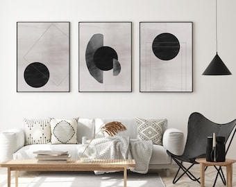 Neutral Minimalist Print Set of 3, Grey Abstract Shapes Wall Art Set, Nordic Art Set, Scandinavian Wall Art, Living Room Home Office Art