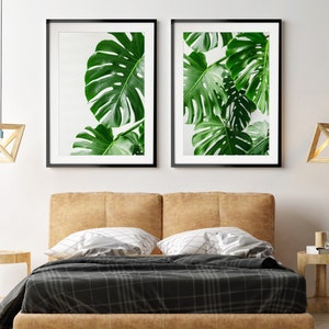 May include: Two framed prints of green monstera leaves against a white background, hanging above a brown leather headboard with a black and white plaid bedspread.