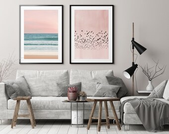 Blush Pink Print Set, Wall Art Set, Bird Silhouette Print, Beach Sunset Print, Nature Poster Prints, Nordic Minimalist Wall Art, Large Art