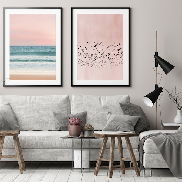 Blush Pink Print Set, Wall Art Set, Bird Silhouette Print, Beach Sunset Print, Nature Poster Prints, Nordic Minimalist Wall Art, Large Art