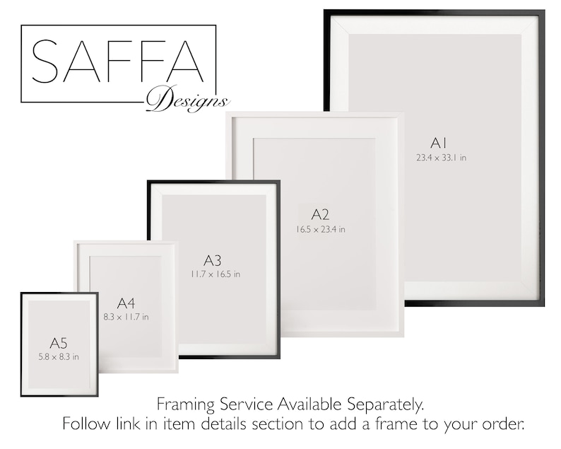 May include: A white poster frame with black trim, showing different sizes and dimensions in inches. The sizes are labeled A1, A2, A3, A4, and A5. The text "SAFFA Designs" is at the top of the image.