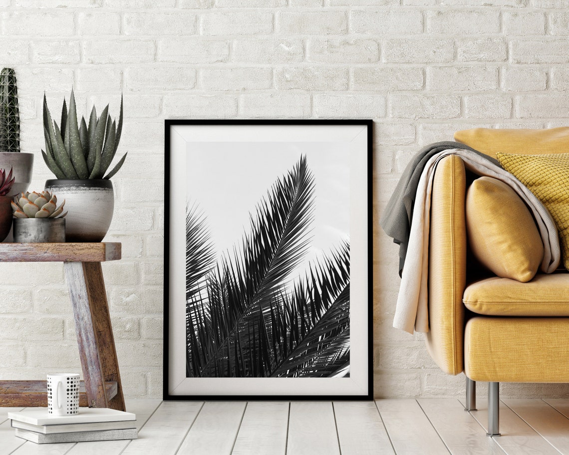 Palm Leaf Wall Art Print, Black and White Print, Grey Wall Art Print ...