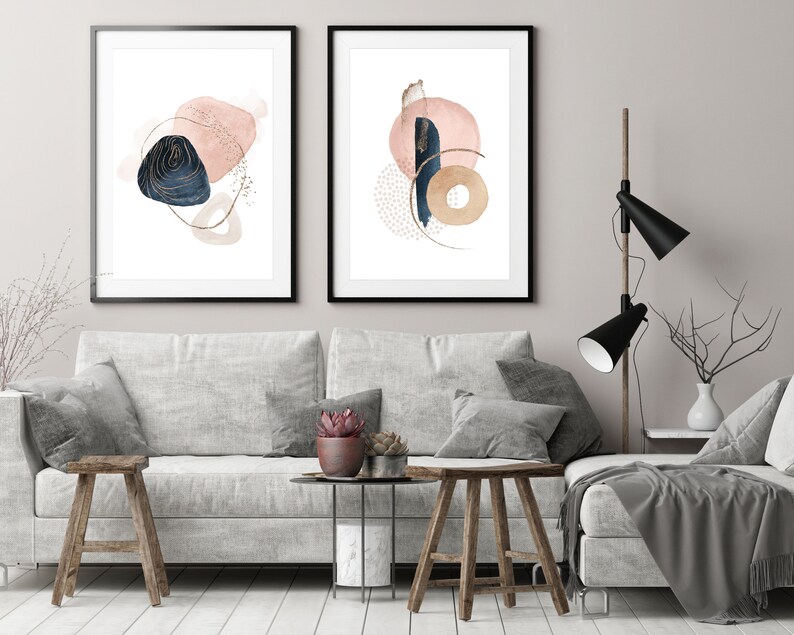 Blush Pink and Navy Print Set Minimalist Abstract Wall Art Etsy