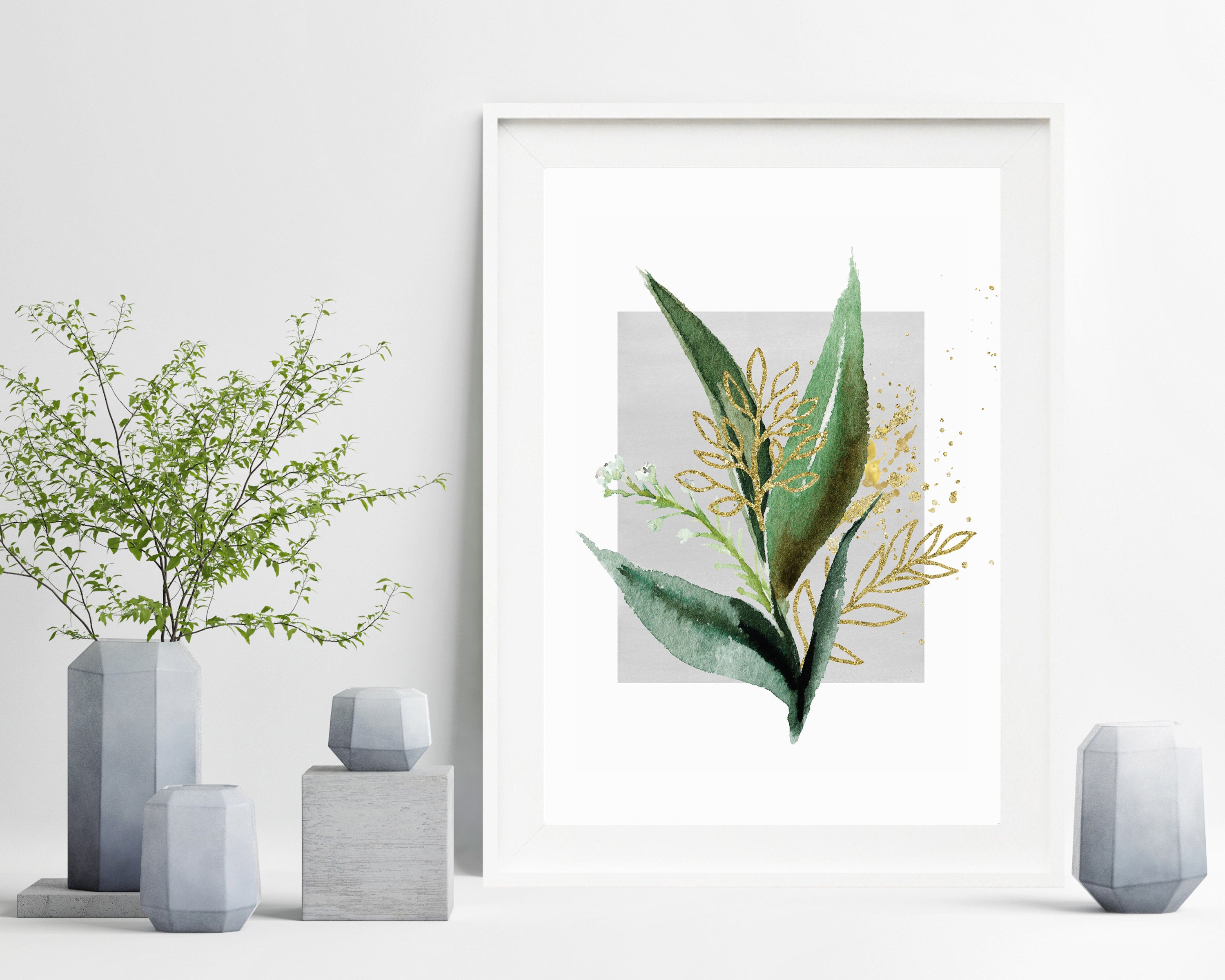 Green and Gold Leaf Print Botanical Wall Art Grey Art Print Etsy