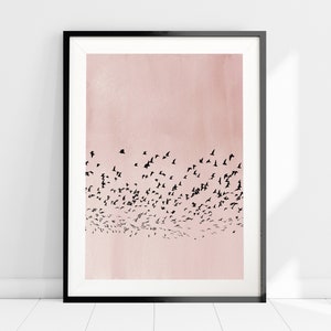 Blush Pink Bird Flock Silhouette Print, Pink Abstract Art Print, Girls Bedroom Wall Art, Nature Poster Print, Nordic Minimalist Wall Art