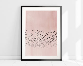 Blush Pink Bird Flock Silhouette Print, Pink Abstract Art Print, Girls Bedroom Wall Art, Nature Poster Print, Nordic Minimalist Wall Art