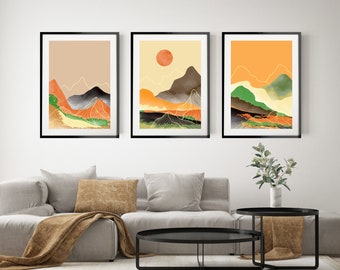 Conjunto de 3 estampas de montanha do pôr do sol, conjunto de estampas de arte nórdica, conjunto minimalista de arte de parede de montanha de meados do século, estampas de arte abstrata, decoração de parede laranja