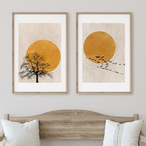 Boho Sun Silhouette Set of 2 Art Prints, Abstract Art Prints Set, Nordic Minimalist Art, Wall Art Set, Burnt Orange Beige Art Wall Decor