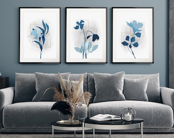 Set of 3 Flower Art Prints, Blue and Grey Minimalist Abstract Print Set, Botanical Prints, Plant Prints, Floral Wall Decor, Flower Wall Art