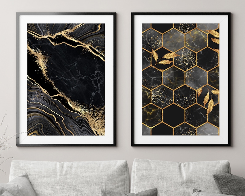 Geometric Black and Gold Art Prints Set of 2, Abstract Dark Grey Wall ...