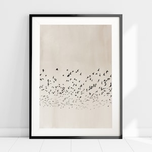 Impresión de silueta de bandada de pájaros neutros, impresión de arte nórdico minimalista, impresión de póster de naturaleza, arte de pared simple, pájaros voladores, impresión de arte beige