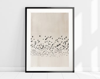 Neutral Bird Flock Silhouette Print, Minimalist Nordic Art Print, Nature Poster Print, Simple Wall Art, Flying Birds, Beige Art Print