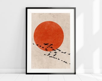 Red Sun Print, Birds Silhouette Art Print, Nordic Art Print, Scandinavian Wall Art, Minimalist Decor, Abstract Sunset Art, Red Wall Art