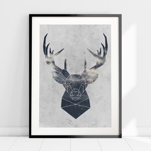 May include: A black and white geometric deer head silhouette with a cloudy background. The deer head is outlined in black and the background is a light gray with a subtle texture.