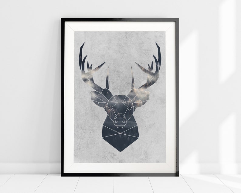 May include: A black and white geometric deer head silhouette with a cloudy background. The deer head is outlined in black and the background is a light gray with a subtle texture.