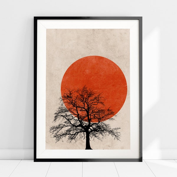 Red Sun Silhouette Tree Print, Scandinavian Art Print, Nordic Minimalist Wall Art, Tree Wall Art, Abstract Art Print, Living Room Home Decor