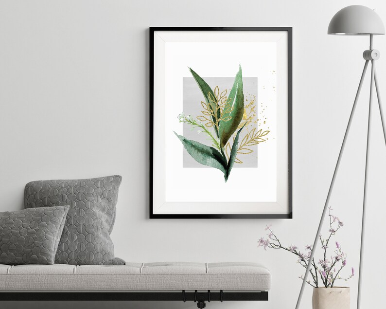 Green and Gold Leaf Print Botanical Wall Art Grey Art Print Etsy