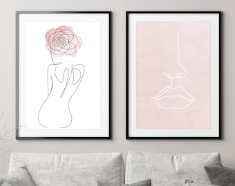 Blush Pink Line Art Print Set of 2, Feminine Wall Art Set, Pink Flower Female Body Line Art, Girly Print Set, Pink Minimalist Bedroom Art