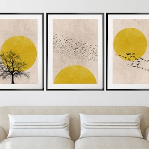 Yellow Set of 3 Prints, Sun Silhouette Art Prints, Scandinavian Print Set, Minimalist Wall Art Set, Abstract Print Set, Yellow Home Decor