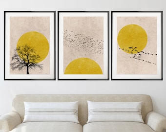 Yellow Set of 3 Prints, Sun Silhouette Art Prints, Scandinavian Print Set, Minimalist Wall Art Set, Abstract Print Set, Yellow Home Decor