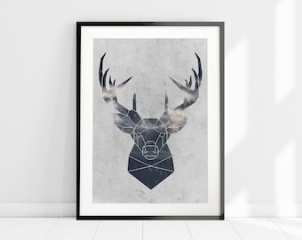 Deer Silhouette Abstract Art Print, Stag Head Woodland Decor, Boys Bedroom Art Print, Nordic Minimalist Wall Art, Geometric Animal Print