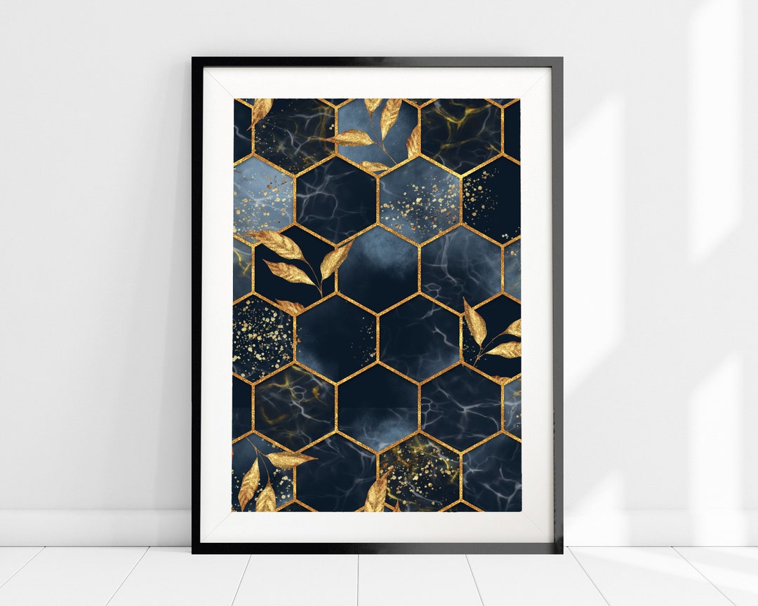 Wall Hexagon Art Print, Leaf Decor Print, Blue Etsy Print, Home Navy Minimalist Modern and Art, Fine Blue - Gold Gold Art Blue Wall Abstract Art,