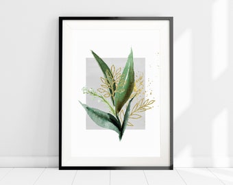 Green and Gold Leaf Print, Botanical Wall Art, Grey Art Print, Minimalist Wall Decor, Modern Home Decor, Watercolour Art, Nordic Art Print