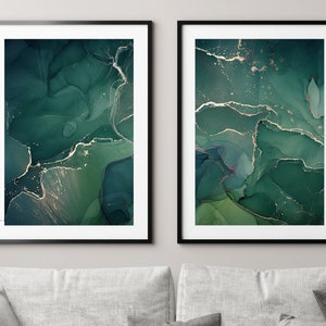 Green and Gold Set of 2 Abstract Art Prints, Green, White and Gold Wall Art Print Set of 2, Minimalist Art Set, Modern Print Set, Home Decor