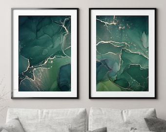 Green and Gold Set of 2 Abstract Art Prints, Green, White and Gold Wall Art Print Set of 2, Minimalist Art Set, Modern Print Set, Home Decor