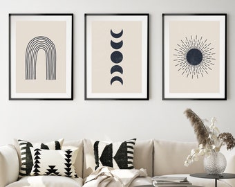 Neutral Boho Print Set of 3, Moon Phase and Sun Prints, Celestial Art, Boho Wall Art, Black and Beige Art, Abstract Minimalist Sun and Moon