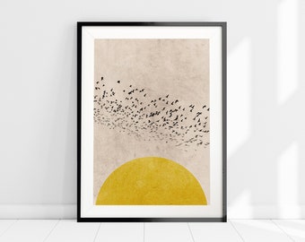 Yellow Sunset Silhouette Flying Birds Print Art Print, Scandinavian Design, Modern Abstract Wall Art, Minimalist Art Poster, Birds in Flight