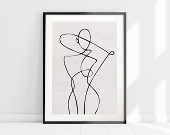Abstract Line Art Print, Female Body Illustration Line Art, Minimalist Design Wall Art, Line Drawing Art Poster, Boho Grey Beige Home Decor