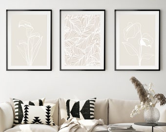 Minimalist Beige Botanical Art Print Set of 3, Neutral Floral Line Art, White and Beige Wall Decor, Abstract Flower and Leaves Print Set