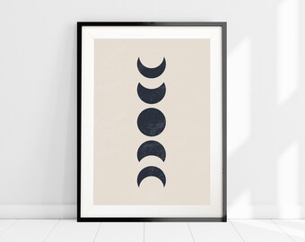 May include: A black framed print with a beige background and a vertical row of five dark blue crescent moons in different phases.