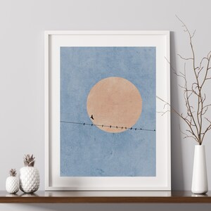 Moonlight Silhouette Print, Birds Nature Abstract Art Print, Pink Moon Nordic Minimalist Wall Art, Scandinavian Wall Art, Nordic Home Decor imagen 6
