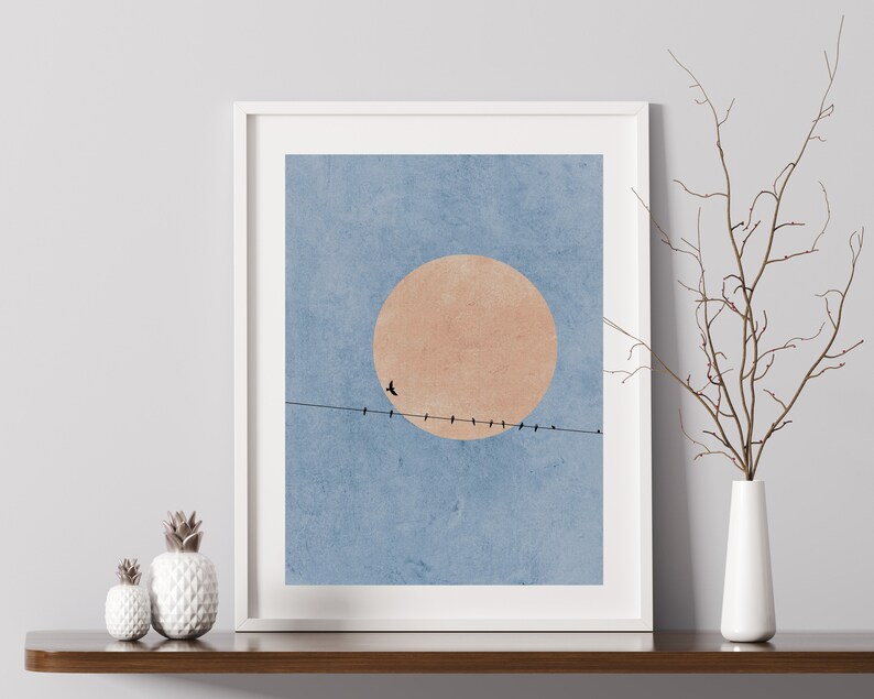 Moonlight Silhouette Print, Birds Nature Abstract Art Print, Pink Moon Nordic Minimalist Wall Art, Scandinavian Wall Art, Nordic Home Decor imagen 6