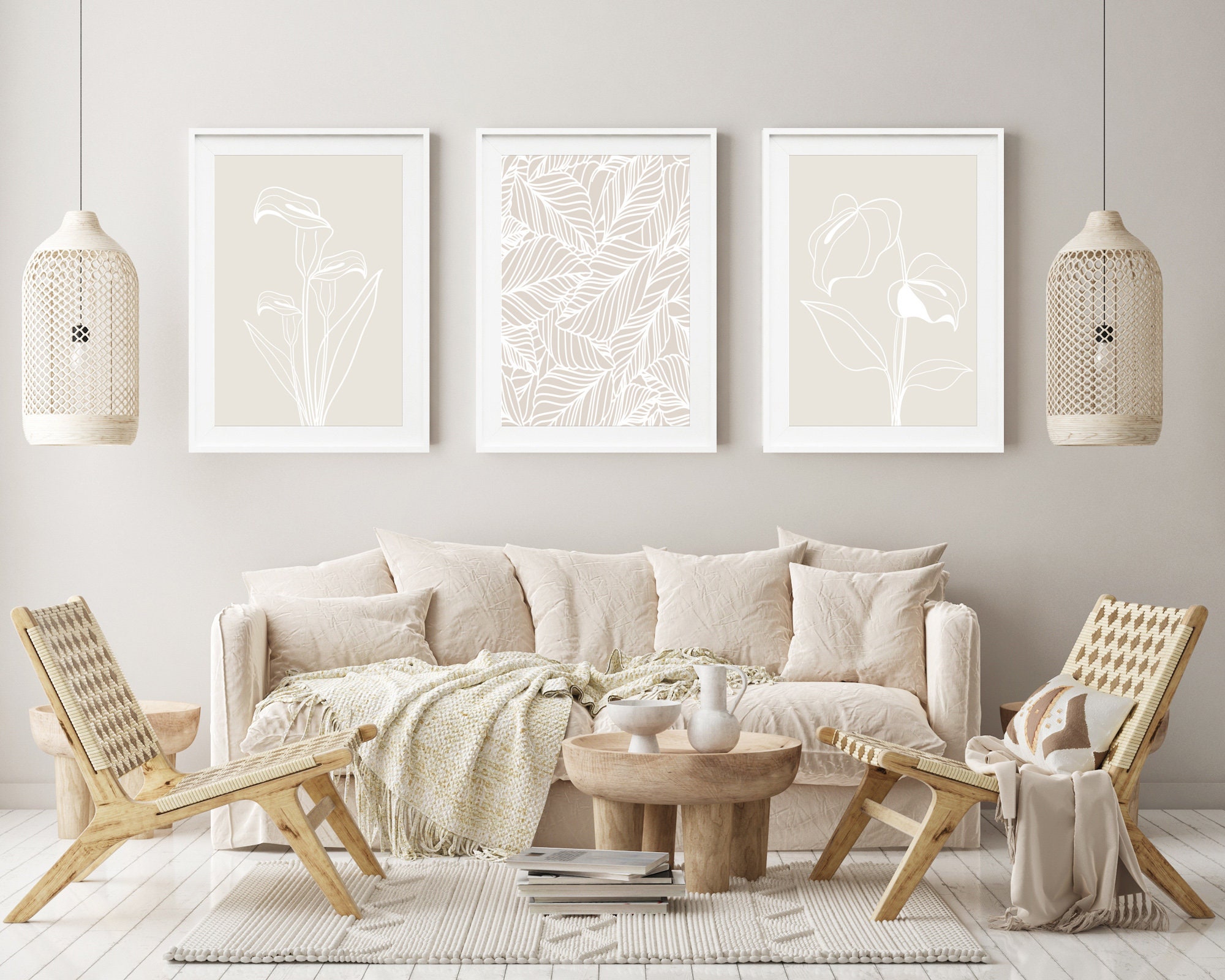 Minimalist Beige Botanical Art Print Set of 3, Neutral Floral Line Art ...