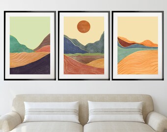 Mid Century Mountains Set of 3 Prints, Nordic Art Print Set, Minimalist Mountain Wall Art Set, Abstract Art Print Set, Home Office Decor