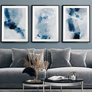 Blue Watercolour Print Set of 3, Dark and Light Blue Abstract Painting, Minimalist Wall Art, Living Room Art, White and Blue Wall Decor