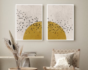 Sunset Birds Silhouette Abstract Set of 2 Prints, Burnt Orange Boho Art Print Set, Japandi Minimalist Art, Neutral Wall Art, Boho Home Decor