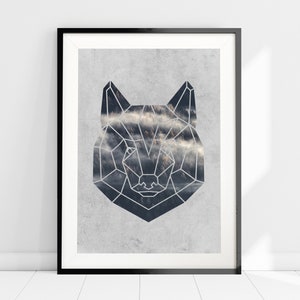 May include: A geometric wolf silhouette with a cloudy mountain landscape inside. The image is printed on a textured gray background and framed in black.