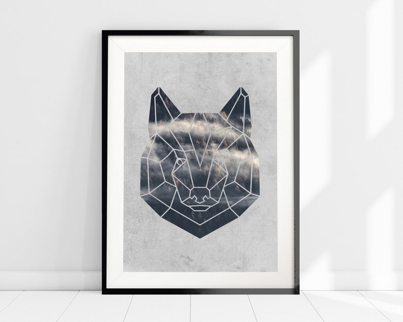 May include: A geometric wolf silhouette with a cloudy mountain landscape inside. The image is printed on a textured gray background and framed in black.