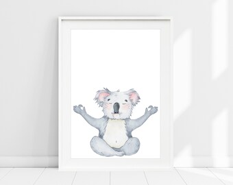 Koala Nursery Print, Watercolour Koala Nursery Wall Art, Grey Nursery Animal Wall Art, Meditating Baby Koala, Nursery Wall Decor, Cute Koala