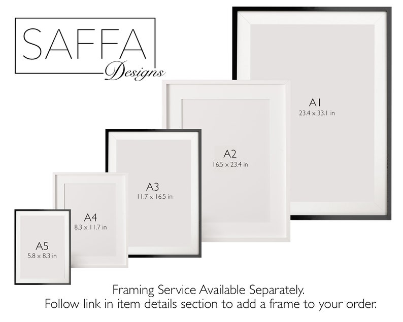 May include: A white poster frame with black trim, showing different sizes and dimensions in inches. The sizes are labeled A1, A2, A3, A4, and A5. The text "SAFFA Designs" is at the top of the image.