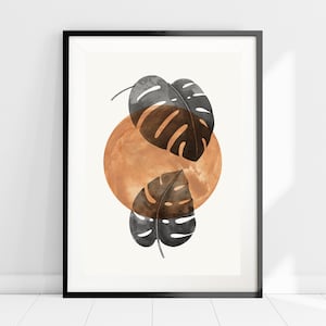 Minimalist Abstract Wall Art, Burnt Orange Circle with Black Monstera Leaves Print, Minimalist Art, Warm Neutral Print, Japandi Wall Art